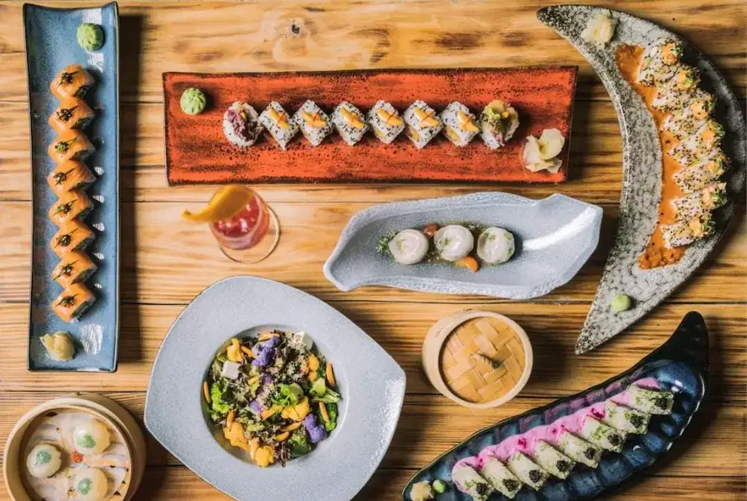 A composed platter of small plates.
