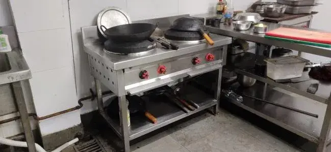 A cooking suite and wok range in a finished kitchen.